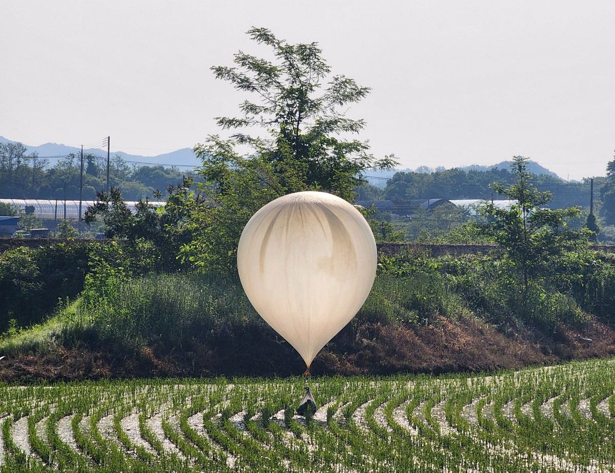 A balloon believed to have been sent by North Korea, carrying various objects including what appeared to be trash and excrement, is seen over a rice field at Cheorwon, South Korea, May 29, 2024.