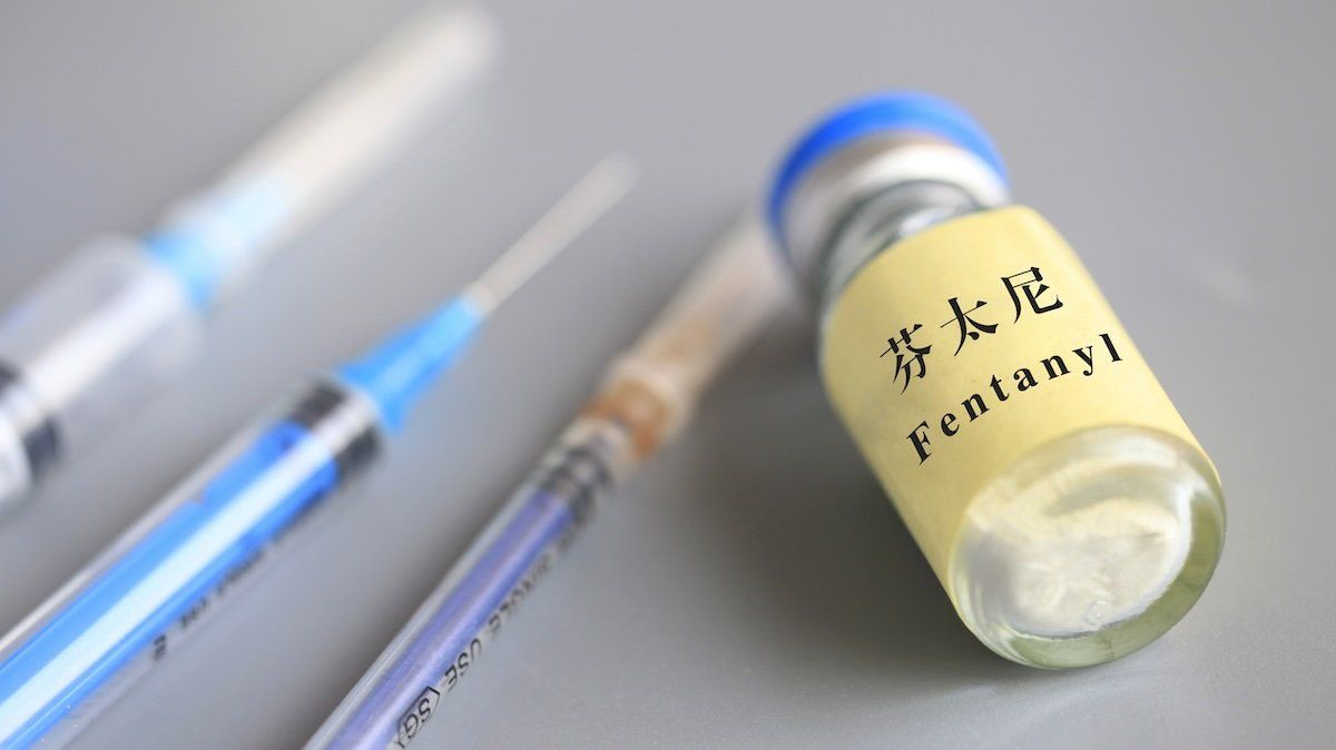 A bottle of fentanyl is displayed in Anyang city, central China's Henan province, 12 November 2018.