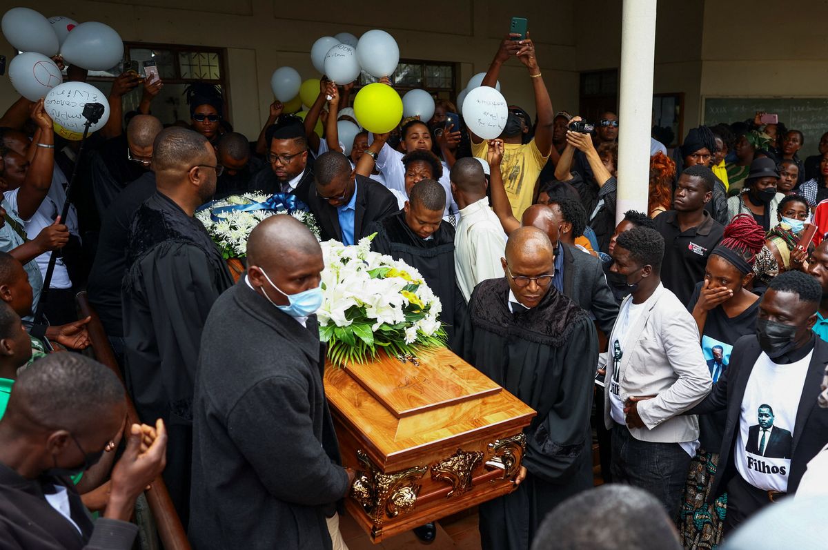 ​A casket carrying the body of murdered Podemos lawyer Elvino Dias leaves the Paroquia Nossa Senhora do Rosario church during his funeral, in Laulane township, in Maputo, Mozambique, October 23, 2024. 