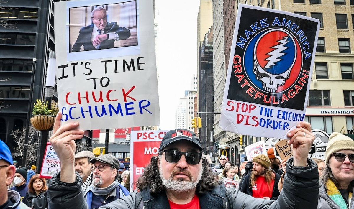 ​A coalition of labor unions, political action, and community groups march against DOGE and proposed cuts to Medicaid, housing, food assistance, and other vital programs in New York, New York, on March 15, 2025. Some expressed their outrage with Senator Chuck Schumer for voting to advance the Republican funding bill. 