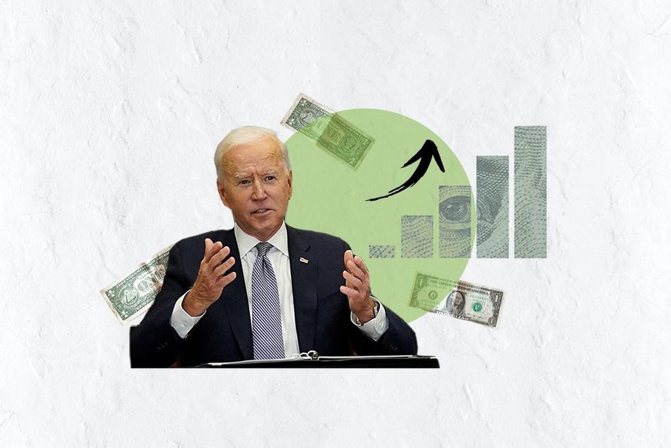 a cut-out image of President Joe Biden against a textured white backdrop, with cut-outs of dollars, bar chart, circle and an arrow.