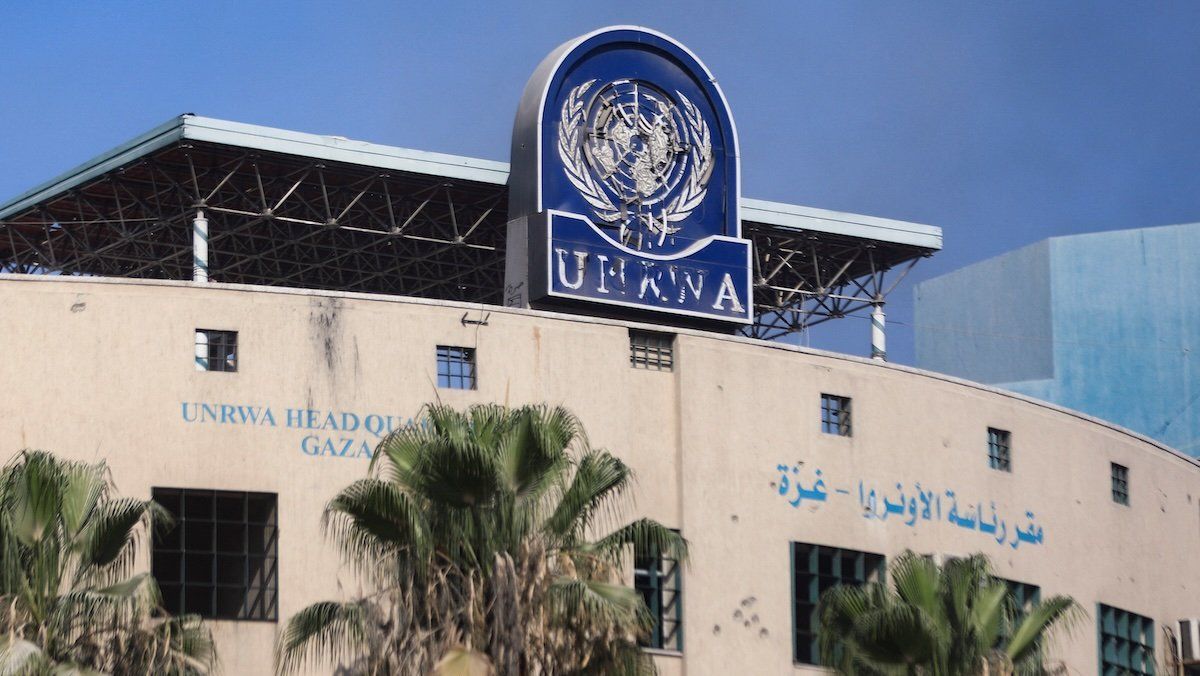 A damaged sign is pictured at the headquarters of UNRWA, following an Israeli raid, amid the Israel-Hamas conflict, in Gaza City, July 12, 2024.