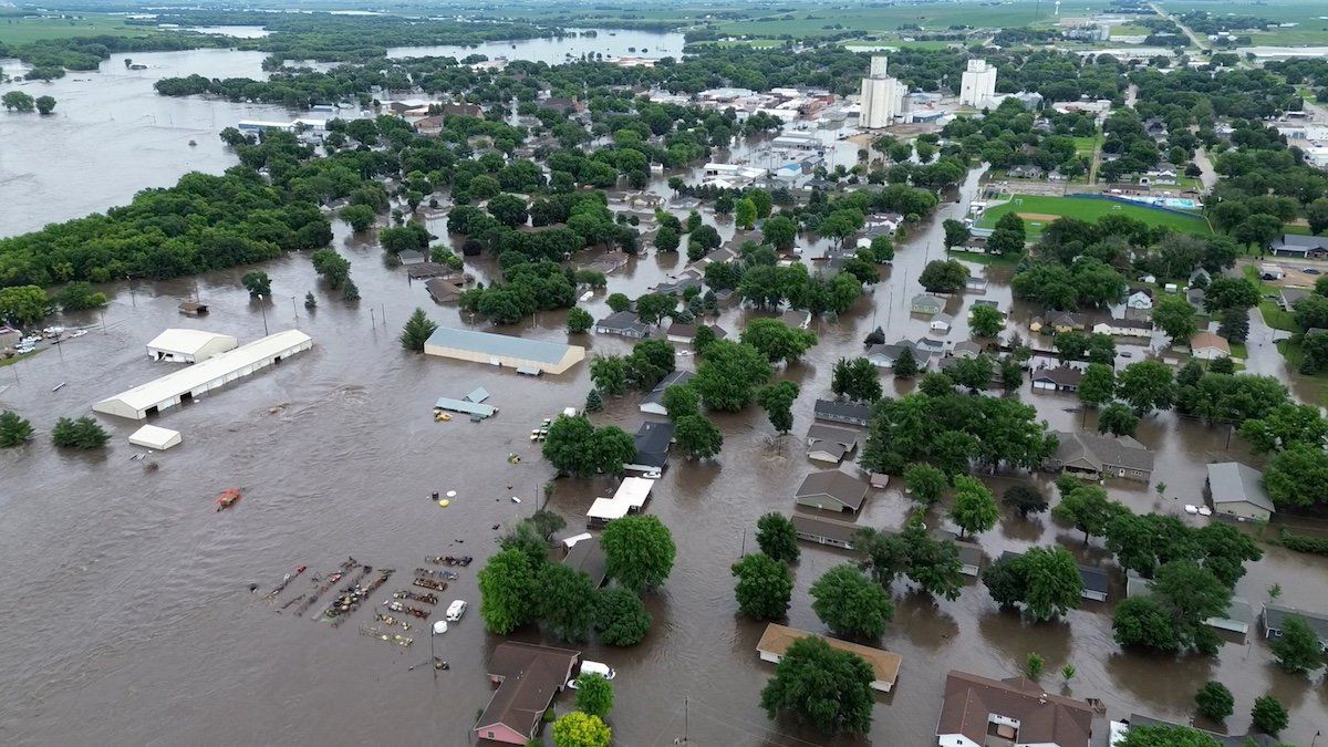 ​A drone view shows a flooded area following heavy rainfall in Rock Valley, Iowa, U.S. June 22, 2024, in this still image obtained from a social media video. 