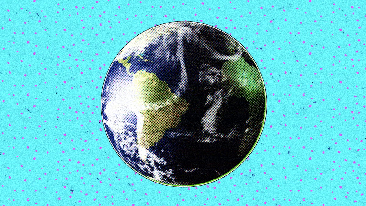 a gif of a rotating world globe against a light blue background, with purple and dark blue spots.