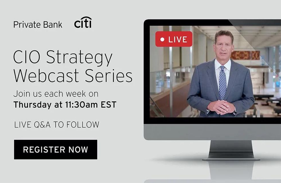 a graphic with information about the CIO Strategy Webcast Series with a male presenter live on a computer screen.