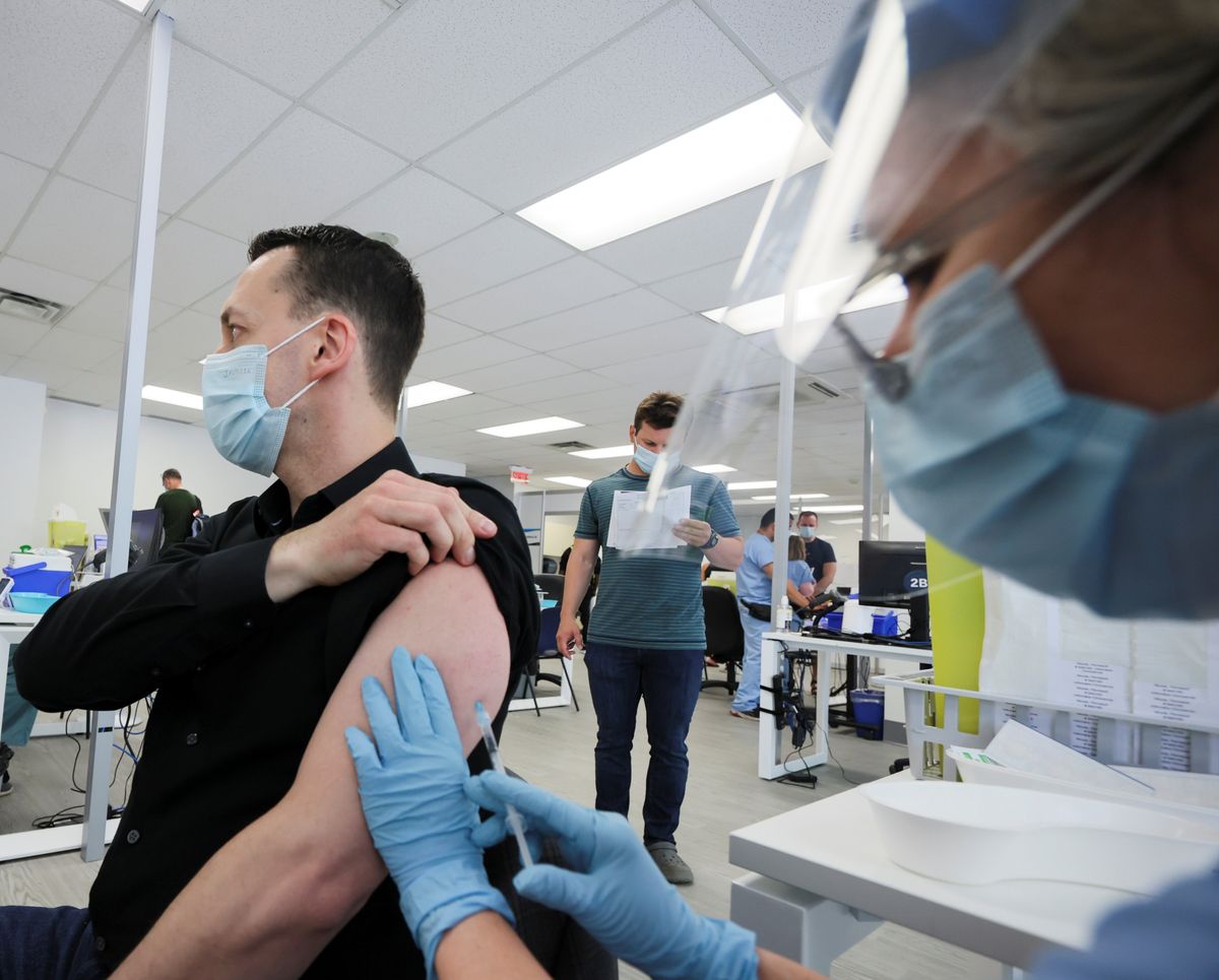 ​A man is vaccinated at a monkeypox vaccination clinic run by CIUSSS public health authorities in Montreal, Quebec, Canada, June 6, 2022. 