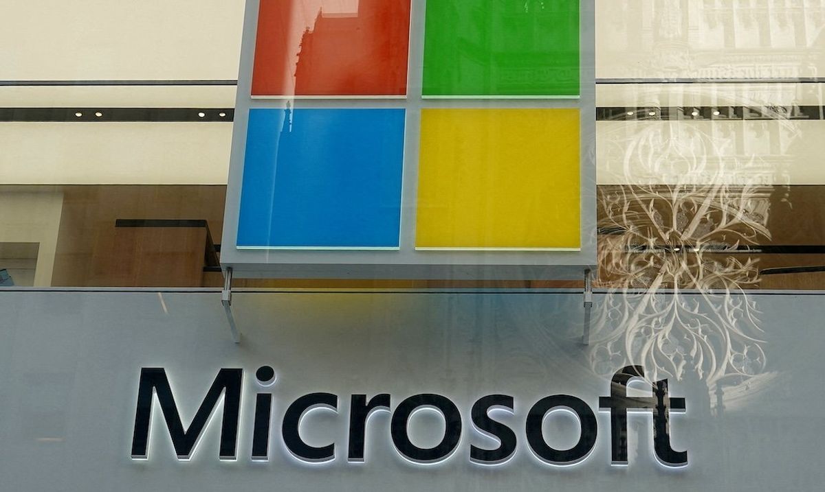 A Microsoft logo is pictured on a store in the Manhattan borough of New York City, New York. 