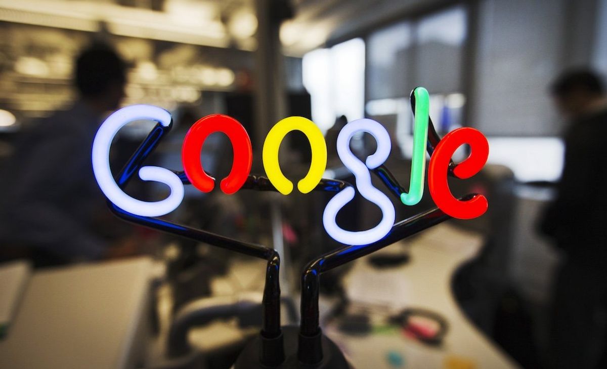 ​A neon Google logo at the then-new Google office in Toronto in 2012. 