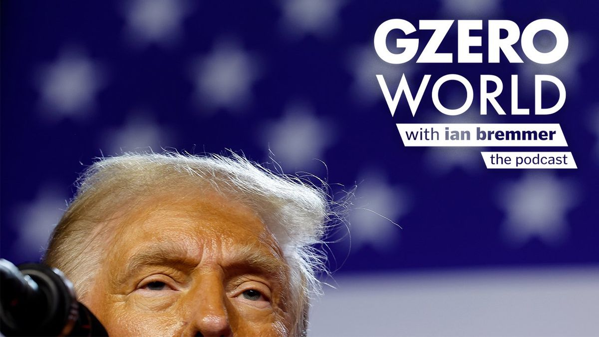 A photo of a portion of Donald Trump's face and GZERO World with ian bremmer - the podcast