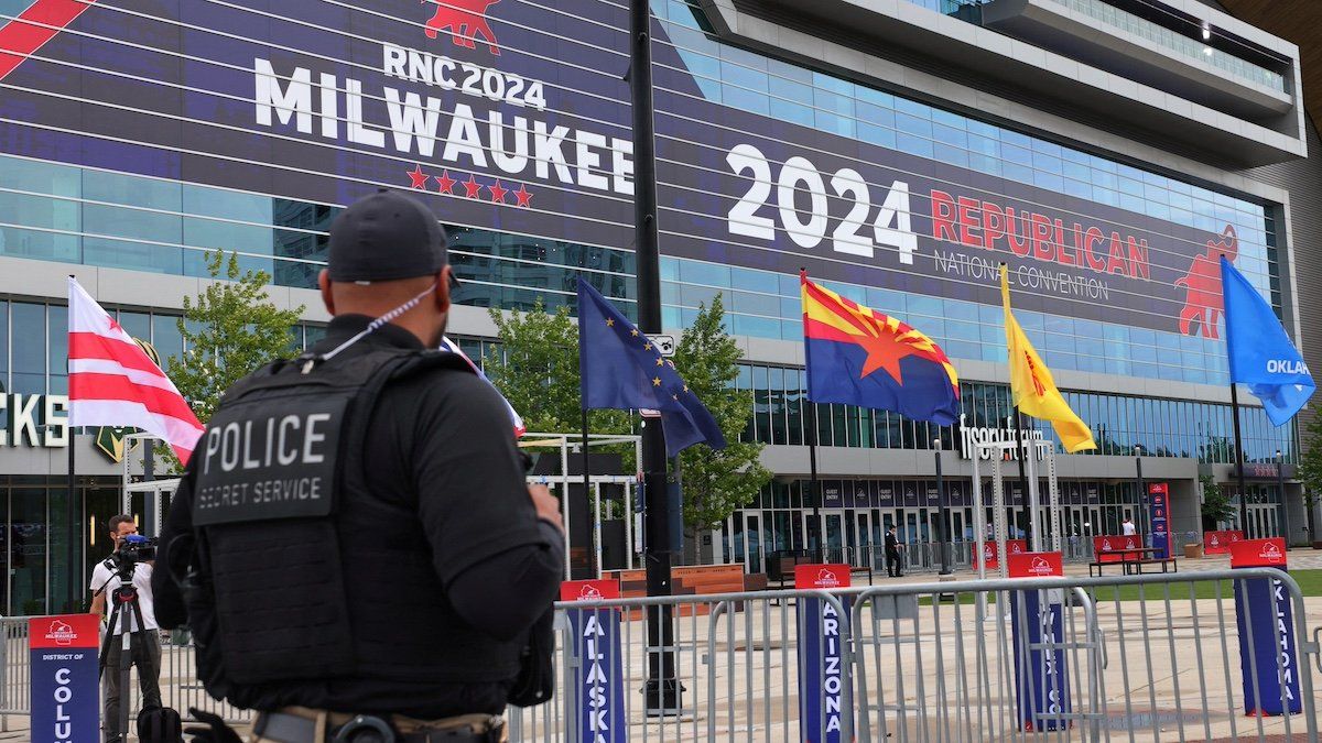 ​A police officer stands guard as preparations for the Republican National Convention are underway in Milwaukee, Wisconsin, U.S., July 14, 2024. 