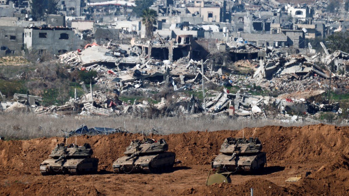 A view shows Israeli tanks near the border with Gaza, amid a ceasefire between Israel and Hamas, as seen from Israel, January 21, 2025. 