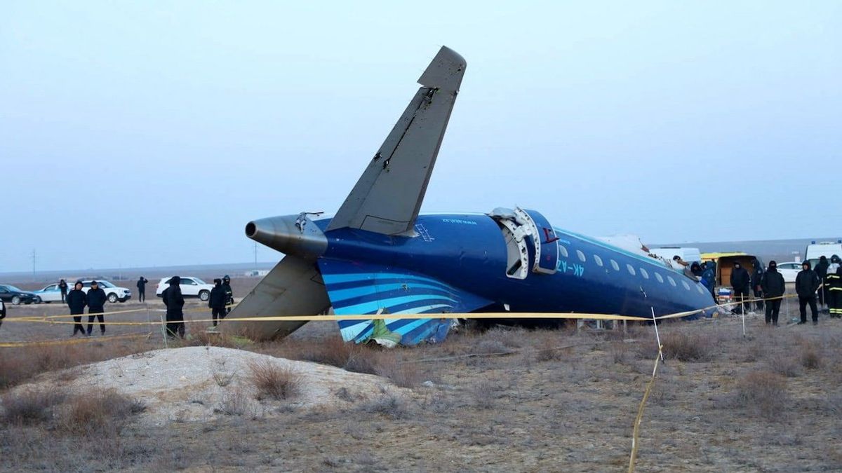 A view shows the wreckage of an Azerbaijan Airlines passenger plane at the crash site near the city of Aktau, Kazakhstan, on Dec. 25, 2024.