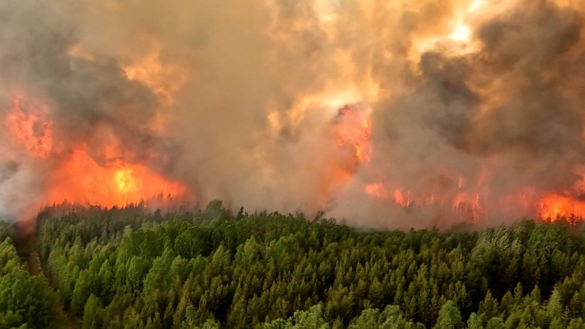 Aerial footage shows raging wildfire in British Columbia of Canada on June 7, 2023.