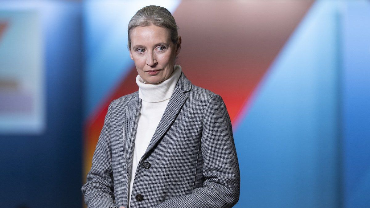 Alice Weidel, AfD national chairman, waits on the sidelines of her party's national convention for a TV interview to begin. The AfD wants to adopt its election program in Riesa.