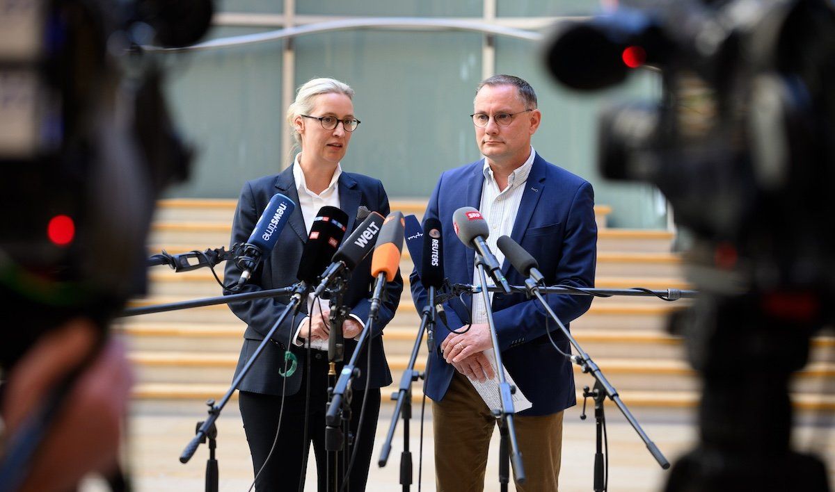 ​Alice Weidel and Tino Chrupalla, chairs of the AfD parliamentary group, comment in the German Bundestag on the ruling of the North Rhine-Westphalian Higher Administrative Court on the classification of the AfD as a suspected right-wing extremist organization. 