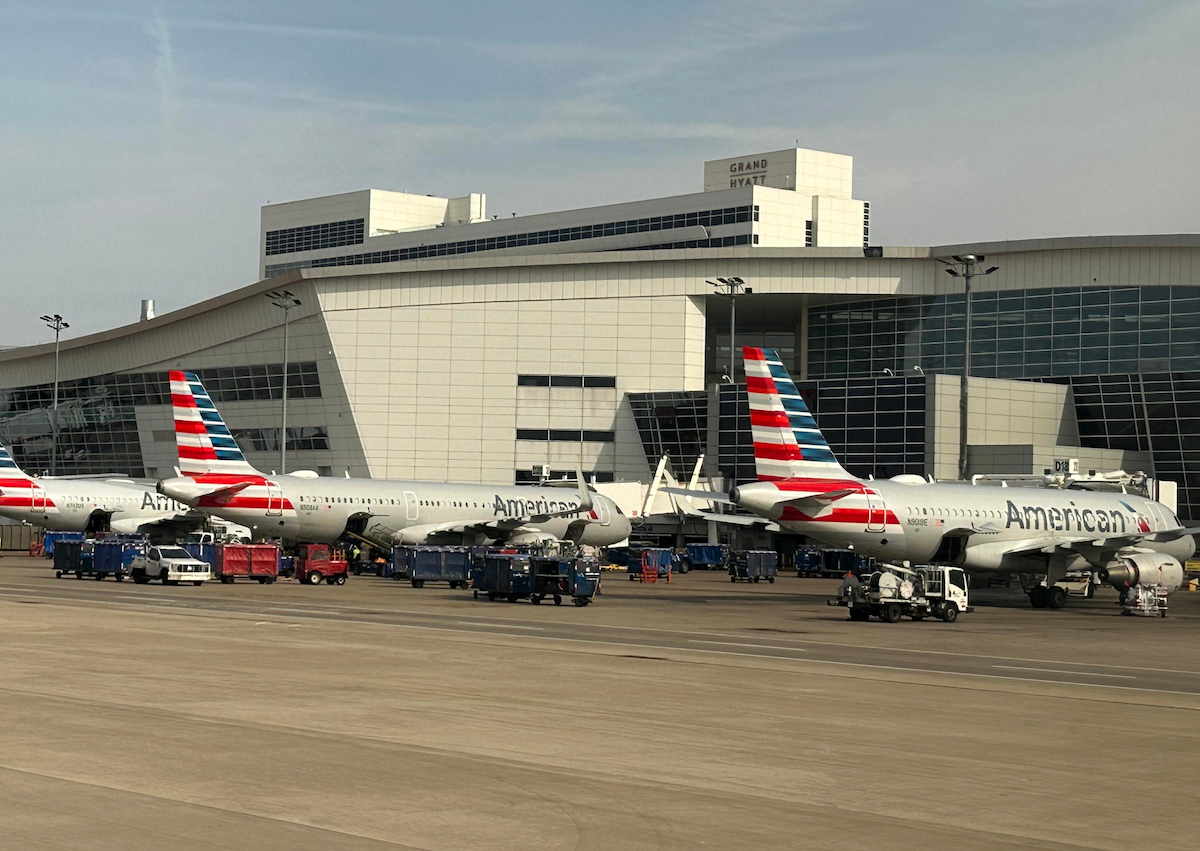 ​American Airlines planes parked at the terminal gates at the Dallas Fort Worth International Airport.