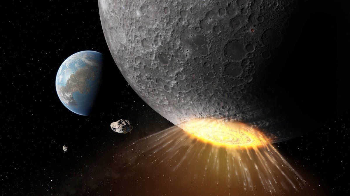 An artistic rendering of an asteroid or comet striking near the Moon's south pole about 3.8 billion years ago, an impact that carved out two large craters. 