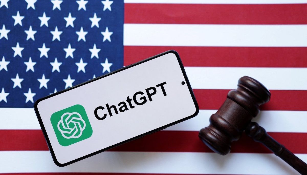 An illustration of the ​ChatGPT logo on a phone screen, along with the US flag and court gavel. 