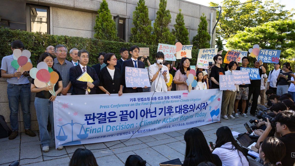 At a joint press conference in front of the Constitutional Court in Jongno-gu, Seoul, South Korea, on August 29, 2024, youth climate litigants and citizen groups involved in climate lawsuits chant slogans emphasizing that the court ruling marks not the end, but the beginning of climate action. The Constitutional Court rules that the failure to set carbon emission reduction targets for the period from 2031 to 2049 is unconstitutional and orders the government to enact alternative legislation by February 2026.