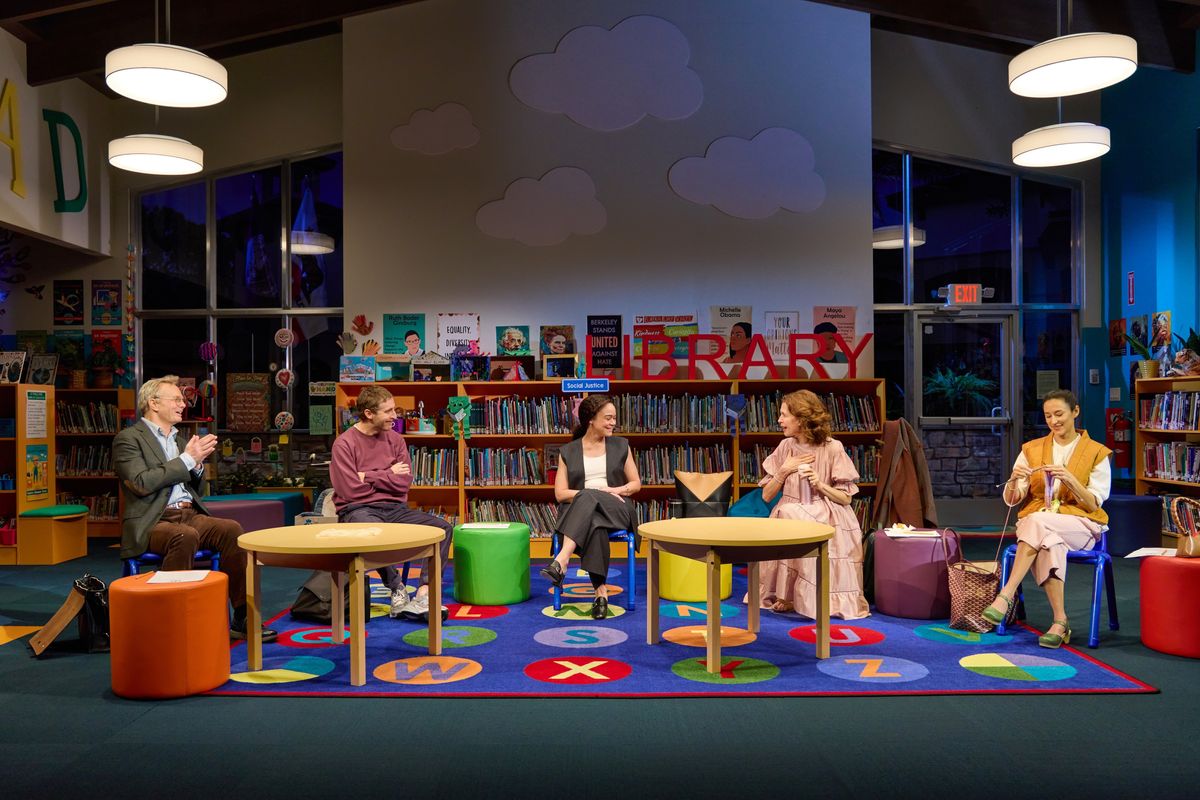 ​Bill Irwin, Thomas Middleditch, Amber Gray, Jessica Hecht, and Chelsea Yakura-Kurtz in Manhattan Theatre Club’s Broadway premiere of Eureka Day by Jonathan Spector, directed by Anna D. Shapiro. 