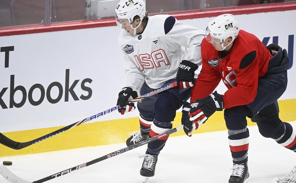 Brady Tkachuk, right, and Charlie McAvoy, left, during the training of Team USA in Montreal on Feb. 11, 2025. ​