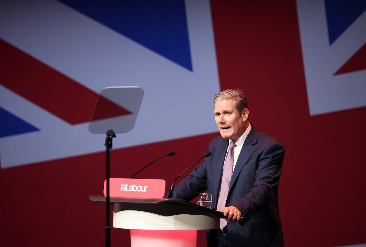 Britain's Labour Party Leader Keir Starmer addresses the start of the National Annual Women's Conference, ahead of the start of Britain's Labour Party annual conference, in Liverpool, Britain, October 7, 2023.