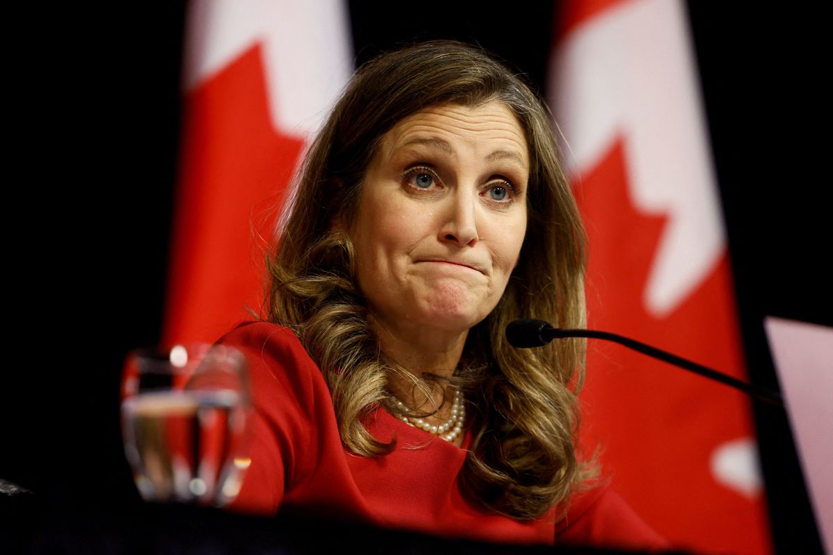 ​Canada's Deputy Prime Minister and Minister of Finance Chrystia Freeland gestures during a press conference before delivering the fall economic update in Ottawa, Canada, November 21, 2023. 