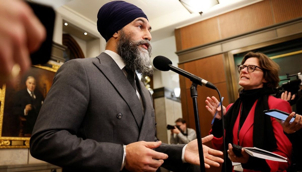 ​Canada's New Democratic Party leader Jagmeet Singh takes part in a press conference before Question Period in the House of Commons on Parliament Hill in Ottawa, Ontario, on Dec. 16, 2024.