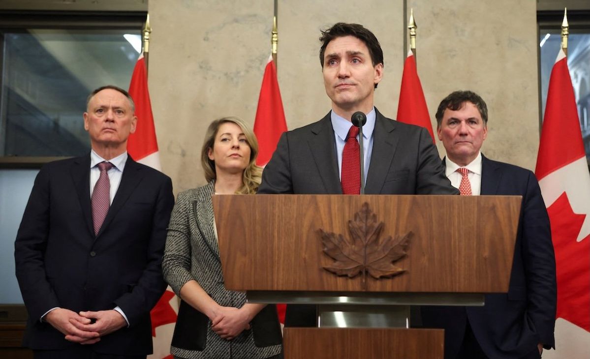 ​Canada's Prime Minister Justin Trudeau is joined by Finance Minister Dominic LeBlanc, Minister of Foreign Affairs Melanie Joly, and Minister of Public Safety David McGuinty, as he responds to President Donald Trump's orders to impose 25% tariffs on Canadian imports, in Ottawa, Ontario, on Feb. 1, 2025.