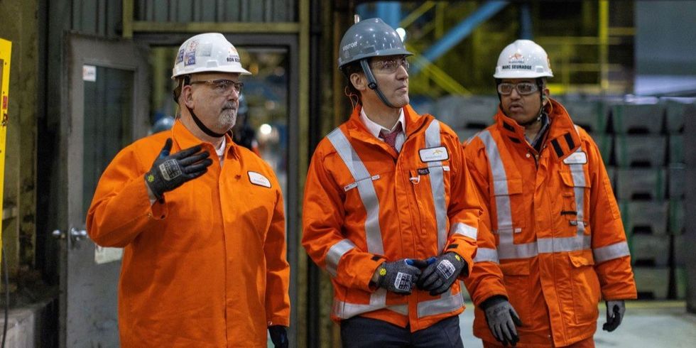 ​Canadian Prime Minister Justin Trudeau tours the galvanizing line at ArcelorMittal Dofasco in Hamilton, Ontario, Canada February 14, 2025. 