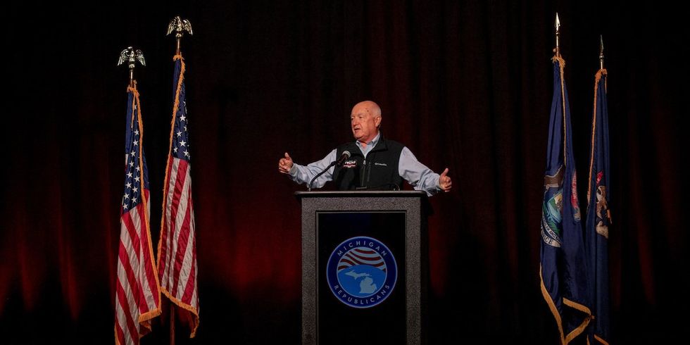 ​Chairman of the Michigan Republican Party Pete Hoekstra speaks during the Michigan GOP's Election Night Party.