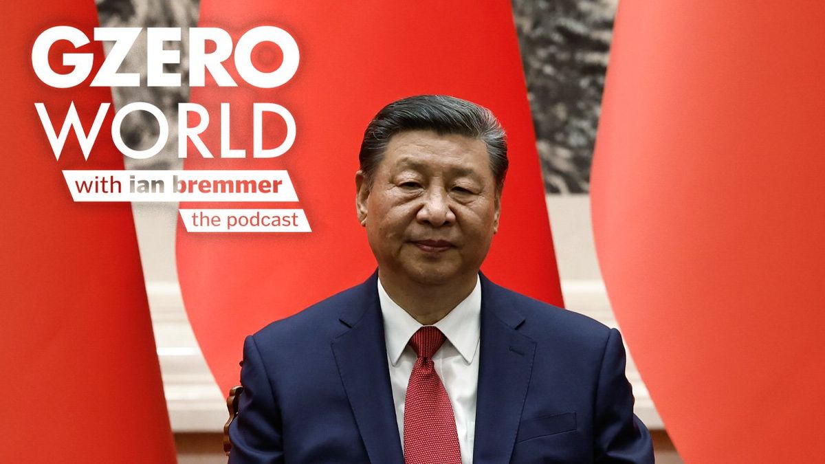 Chinese President Xi Jinping sits in front of large red flags with a neutral expression. Text art reads "GZERO World with Ian Bremmer – the podcast."