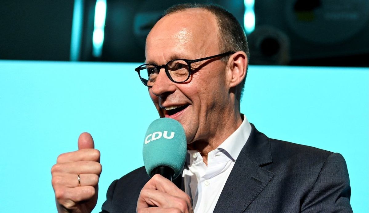 ​Christian Democratic Union party leader Friedrich Merz speaks at the party headquarters after the exit poll results are announced for the 2025 general election, in Berlin, Germany, on Feb. 23, 2025. 