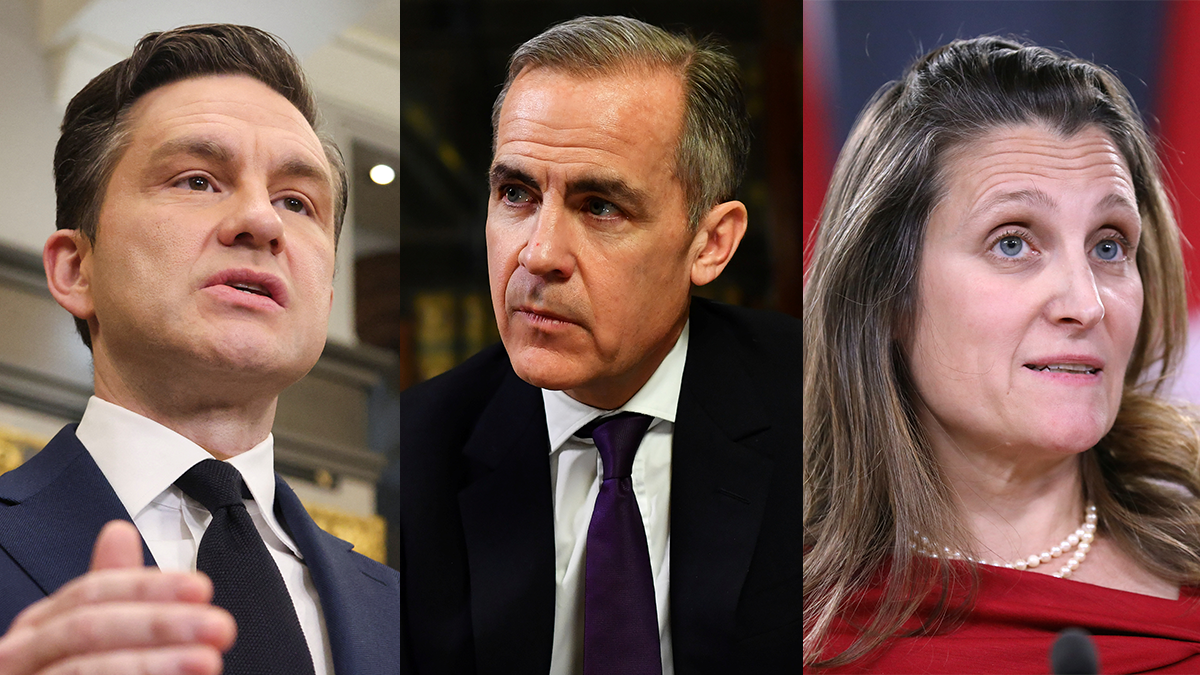 ​Conservative Party of Canada leader Pierre Poilievre; Mark Carney, former Governor of the Banks of England and Canada; and Canada's former Foreign Minister Chrystia Freeland. 