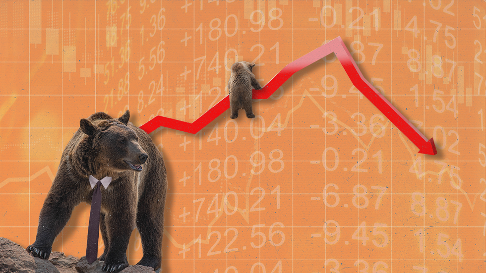 cut-outs of two bears interacting with a graph illustrating the fall of the bear market