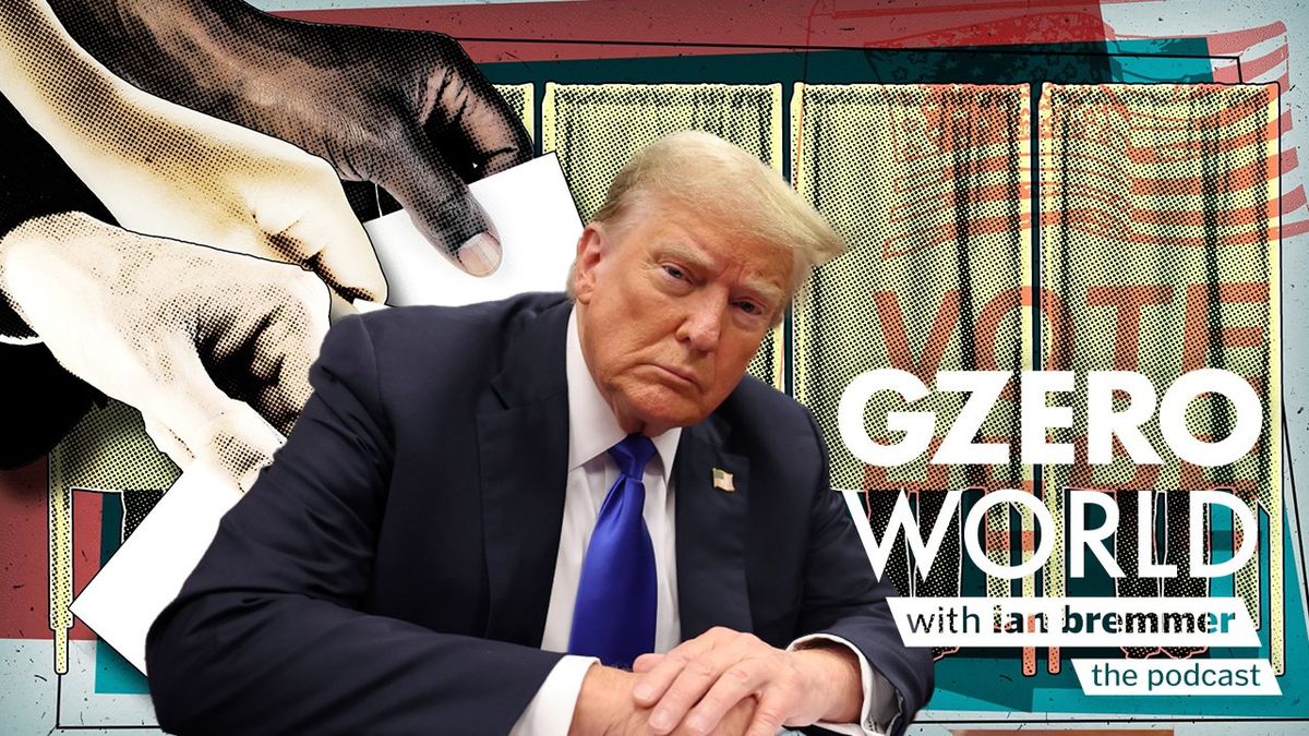 cutout image of donald trump against graphics depicting the voting process, with a faded instruction: "Vote Here" and GZERO World with ian bremmer - the podcast
