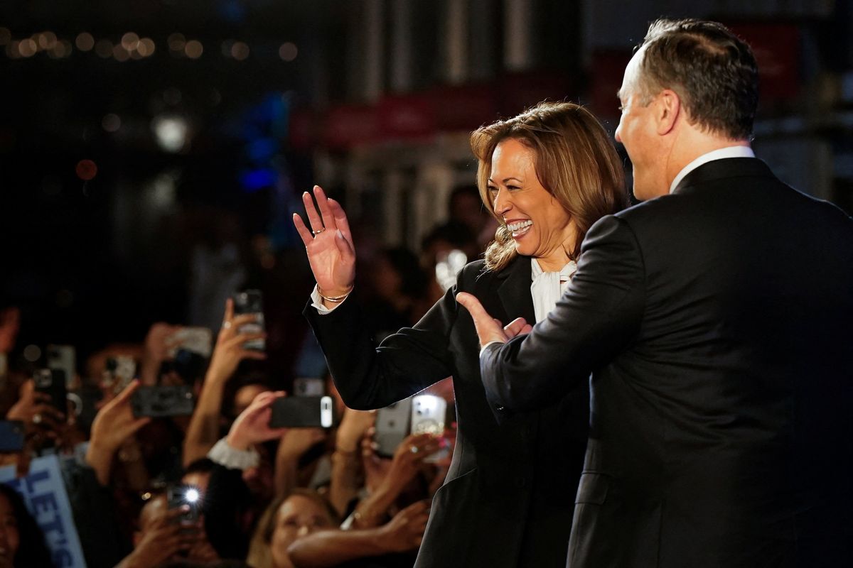 Democratic presidential nominee and U.S. Vice President Kamala Harris and second gentleman Doug Emhoff visit a watch party after Harris participated in a presidential debate with Republican presidential nominee and former U.S. President Donald Trump, in Philadelphia, Pennsylvania, U.S., September 10, 2024. 