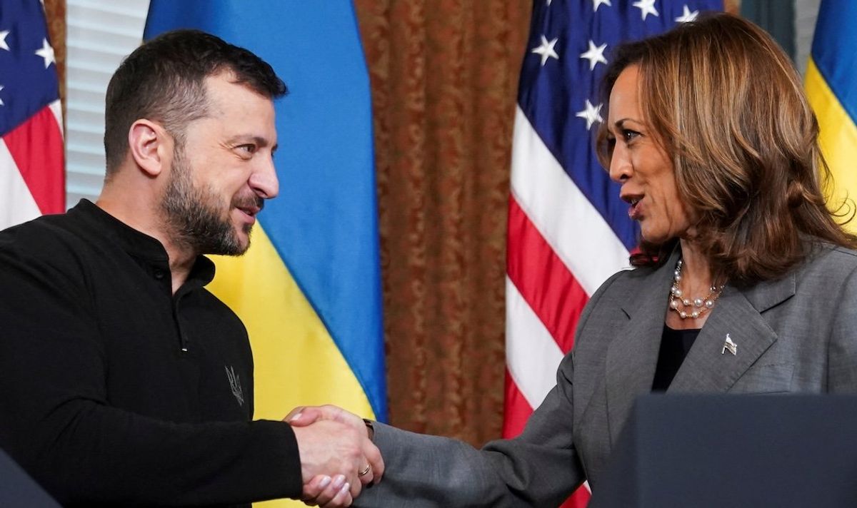 ​Democratic presidential nominee and U.S. Vice President Kamala Harris shakes hands with Ukraine's President Volodymyr Zelensky, as they meet in the Vice President's Ceremonial Office in the Eisenhower Executive Office Building on the White House campus in Washington, on Sept. 26, 2024. 