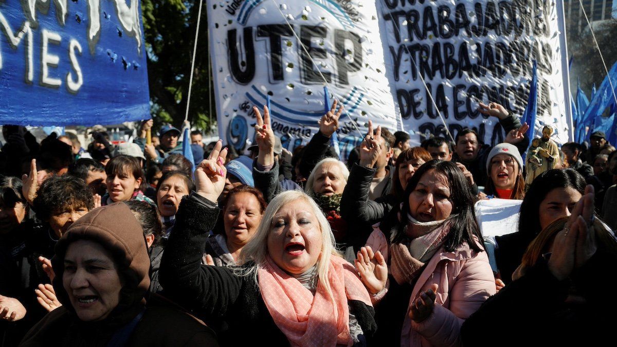 Demonstrators gesture during a march against the government of Argentina’s President Javier Milei on St. Cajetan’s Day, the patron saint of the unemployed, in Buenos Aires, Argentina August 7, 2024. 