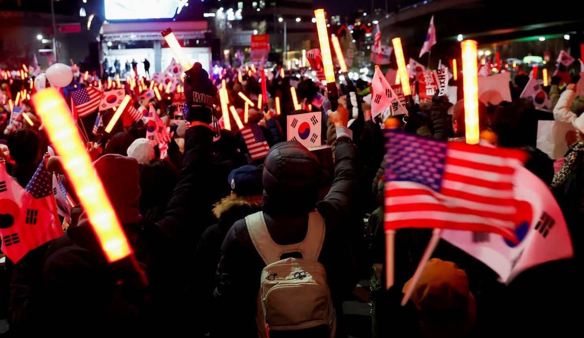 ​Demonstrators opposing the court's approval of an arrest warrant for impeached South Korean President Yoon Suk Yeol protest outside his official residence in Seoul, South Korea, on Dec. 31, 2024. 