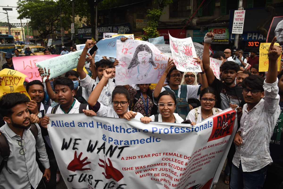 ​Doctors, paramedics, and medical students from various medical institutions are attending a protest against what they say is the rape and murder of a trainee doctor, inside the premises of R G Kar Medical College and Hospital in Kolkata, India, on August 12, 2024. 