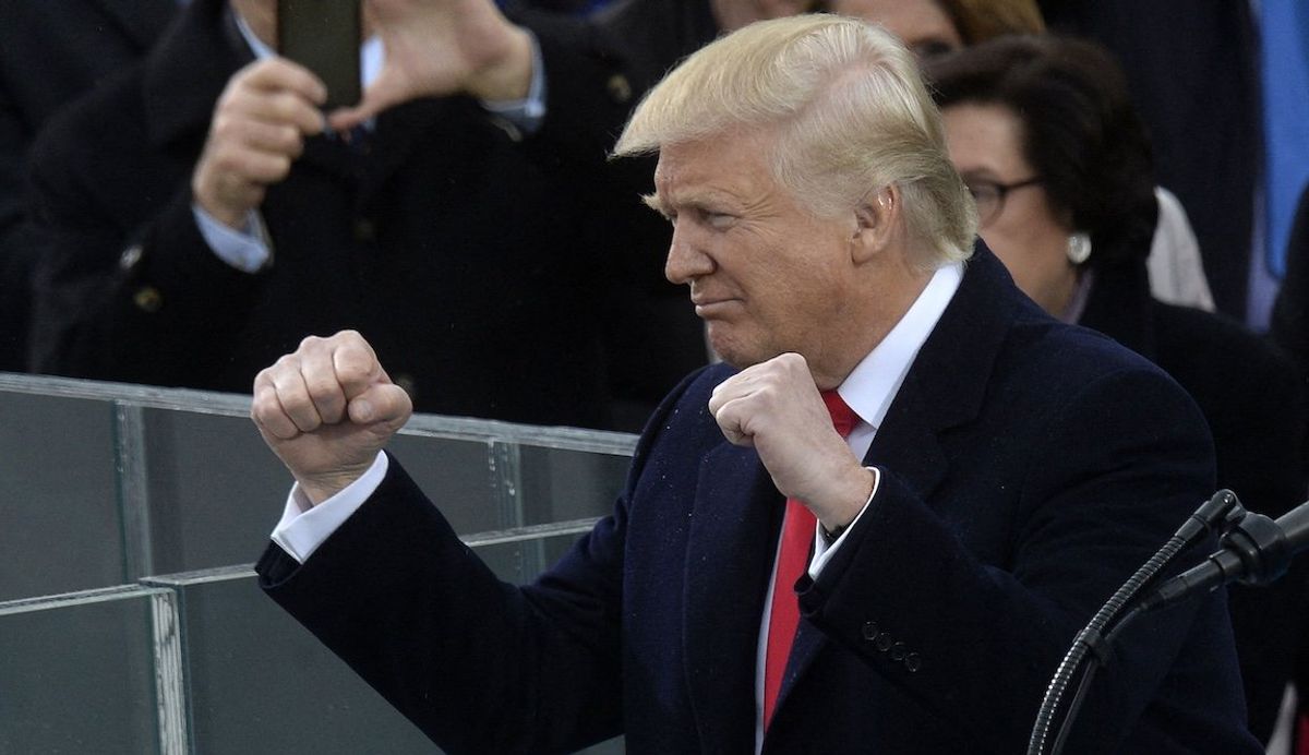 Donald Trump gestures after taking the oath of office during his first inauguration in Washington, DC, in January 2017.