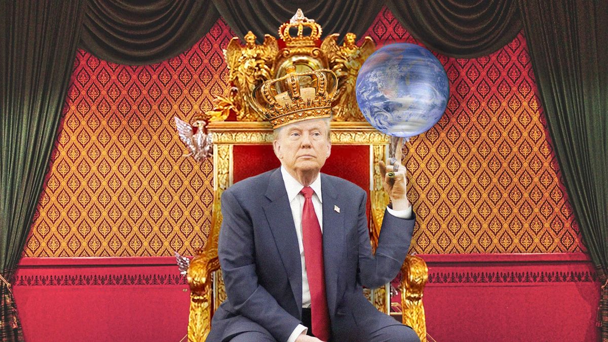 ​Donald Trump on a throne spinning a globe on his finger.