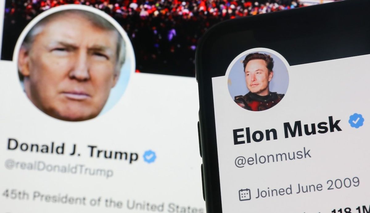 ​Donald Trump's X account displayed on a laptop screen and Elon Musk's account displayed on a phone screen