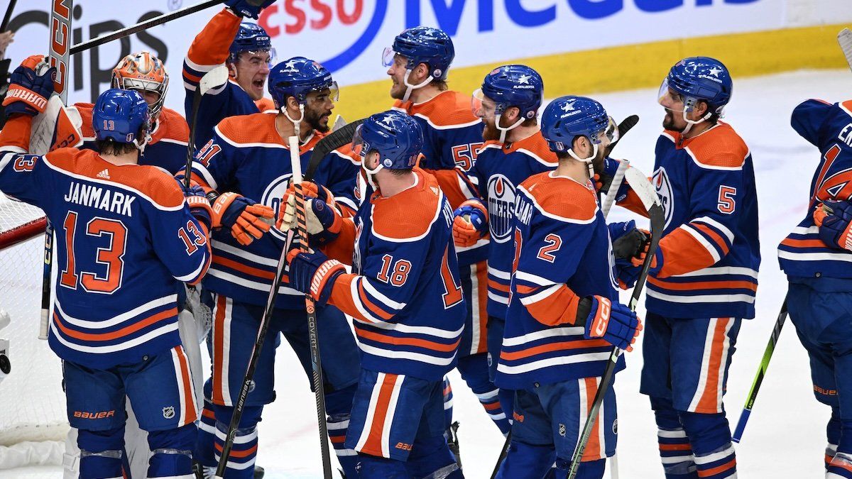 Edmonton Oilers players celebrate thier win over the Dallas Stars during the third period in game six of the Western Conference Final of the 2024 Stanley Cup Playoffs at Rogers Place.