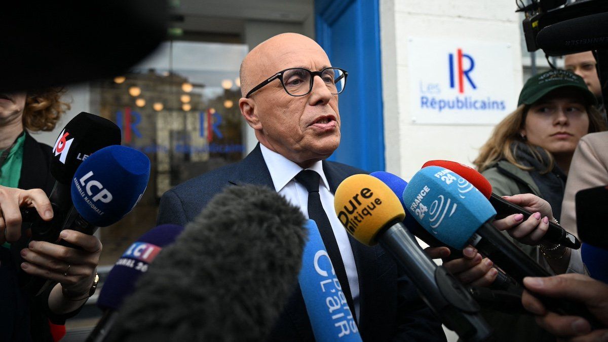 ​Eric Ciotti speaks to media in front of the LR heaquarters in Paris, France on June 11, 2024. The president of the Republicains, Eric Ciotti, announced on TF1 on Tuesday 11 June that he would like his party to form an alliance with the Rassemblement National for the legislative elections. 