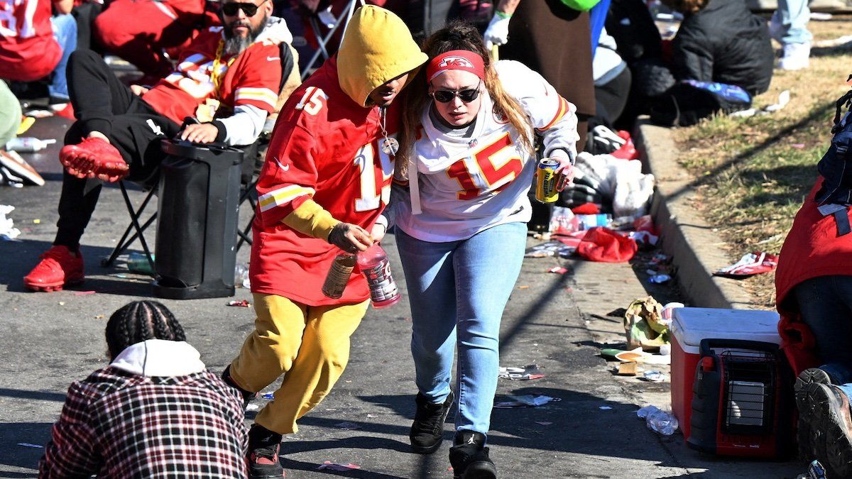 Fans leave the area after shots were fired after the celebration of the Kansas City Chiefs winning Super Bowl LVIII in Kansas City, MO, on Feb. 14, 2024.