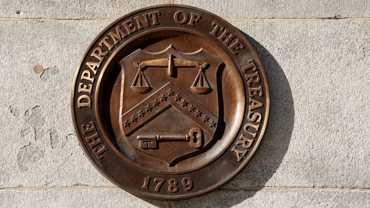 FILE PHOTO: A bronze seal for the Department of the Treasury is shown at the U.S. Treasury building in Washington, U.S., January 20, 2023. 