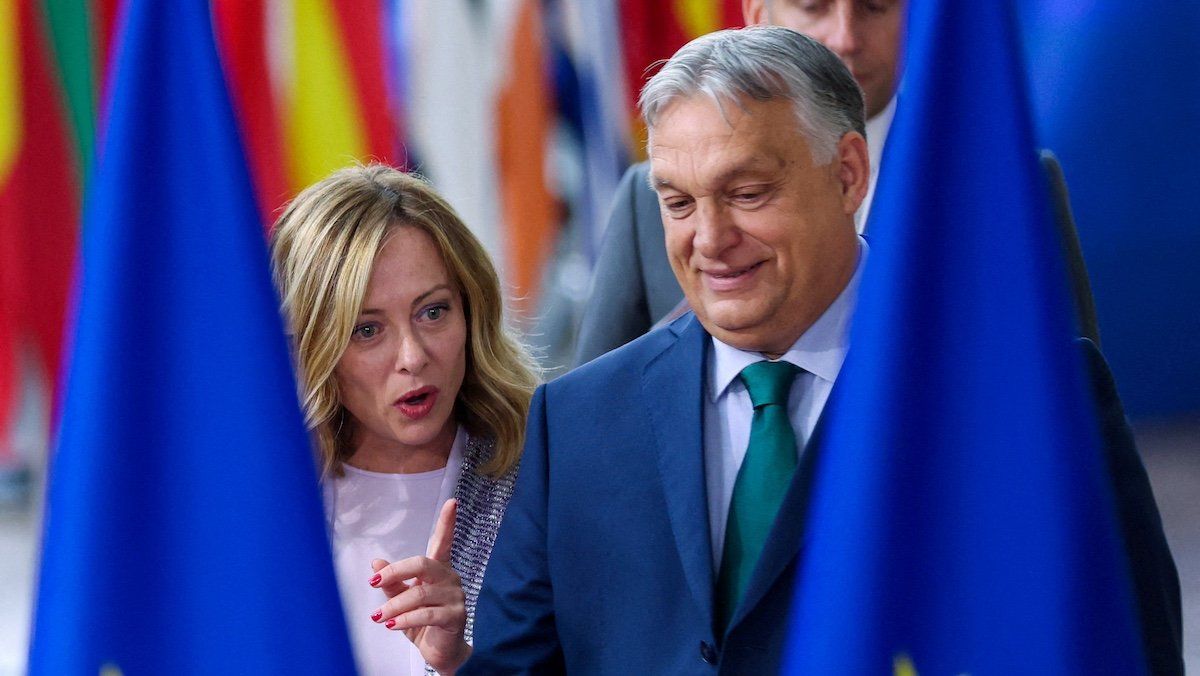 FILE PHOTO: Hungary's Prime Minister Viktor Orban and Italy's Prime Minister Giorgia Meloni attend a European Union leaders' summit in Brussels, Belgium, June 27, 2024. 