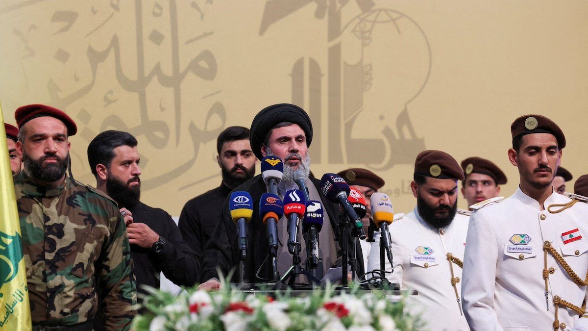 ​FILE PHOTO: Senior Hezbollah official Hashem Safieddine speaks during the funeral of Mohammed Nasser, a senior Hezbollah commander who was killed by what security sources say was an Israel strike on Wednesday, in Beirut's southern suburbs, Lebanon July 4, 2024. 